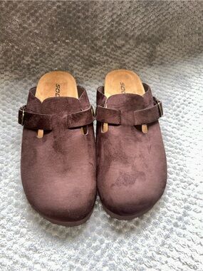 Soda Women's Dark Brown Suede Slip-On Clogs with Buckle